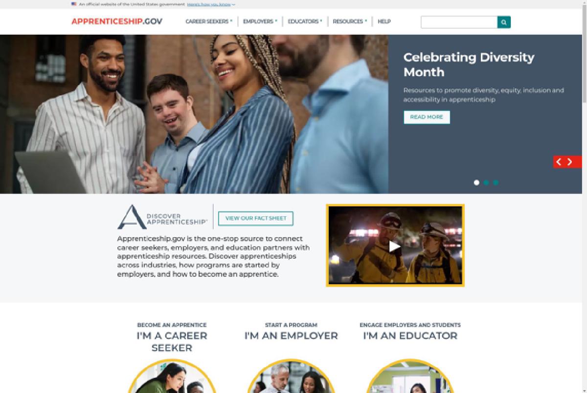 Apprenticeship.gov homepage in a browser