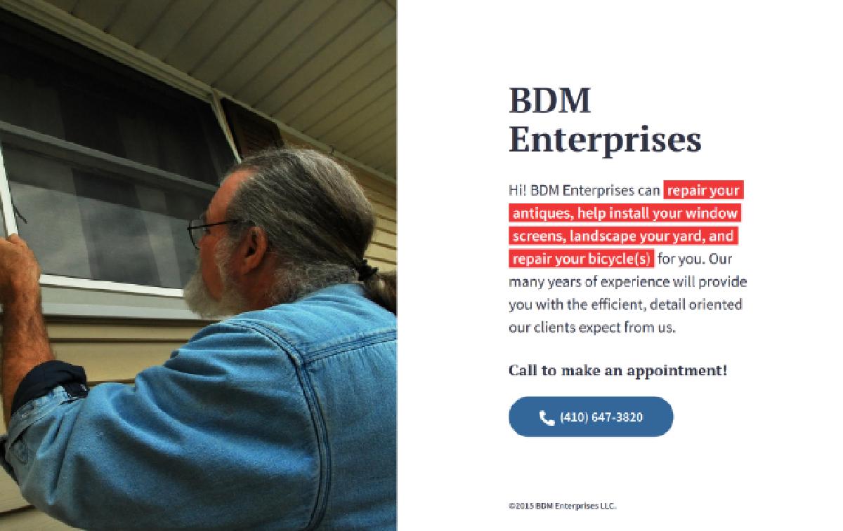 BDM Enterprises website in a browser